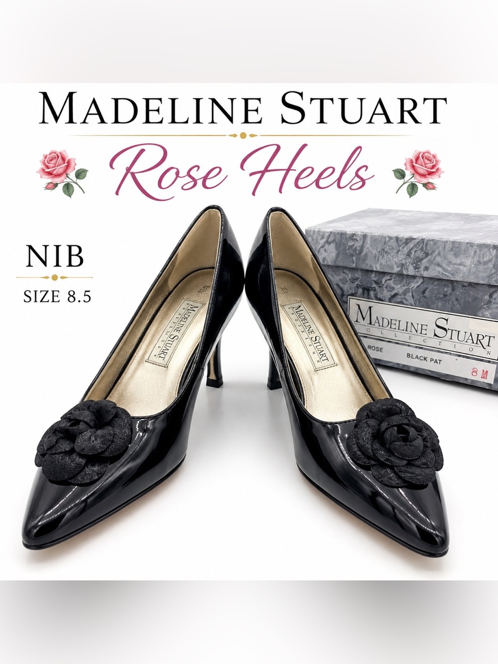 Vtg Madeline Stuart Black Patent Heels W/Rose Floral Accent NIB DeadStock